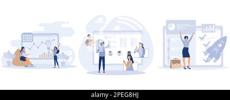 Project implementation concept, Project initiation and closure, workflow process, business analysis, vision and scope, management software, set flat v Stock Vector