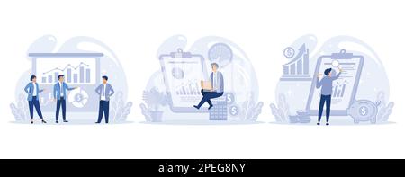 Corporate finance, Financial manager make financial report, working with ledger accounts, professional accountant calculates company risks, set flat v Stock Vector
