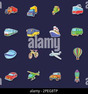 Cartoon transport icons set stikers collection vector with shadow on purple background Stock Vector