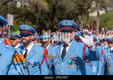 San Antonio, Texas, USA - April 8, 2022: The Battle of the Flowers Parade, Members of the Texas Cavaliers marching at the parade Stock Photo