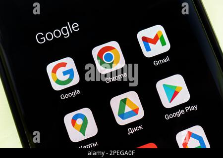 Barnaul. Russia. June 21 2022: Google services YouTube, Gmail, Chrome, mail, play, disk icons app on smartphone screen. Google is the biggest Internet Stock Photo
