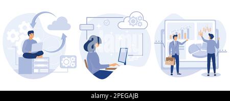 Information management concept. Backup server, cloud based engine, dashboard service, virtual machine application, key performance metrics, set flat v Stock Vector