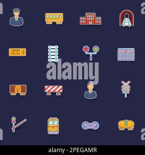 Railway icons set stikers collection vector with shadow on purple background Stock Vector