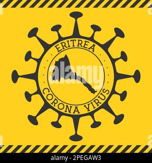 Coronavirus in Eritrea sign. Round badge with shape of virus and Eritrea map. Yellow country epidemic lockdown stamp. Vector illustration. Stock Vector