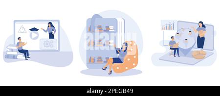 E-learning tools concept, Online courses, E-library, global online education, certificate diploma, content store access, individual learning plan, set Stock Vector