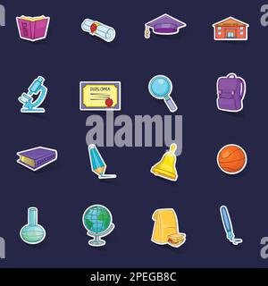 Education icons set stikers collection vector with shadow on purple background Stock Vector
