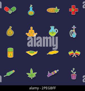 Medical marijuana icons set stikers collection vector with shadow on purple background Stock Vector