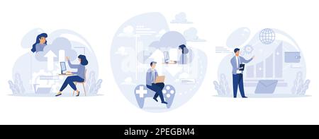 Cloud service concept, Cloud collaboration, online gaming platform, system management, data storage, video and file streaming, set flat vector modern Stock Vector
