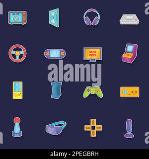 Video game icons set stikers collection vector with shadow on purple background Stock Vector