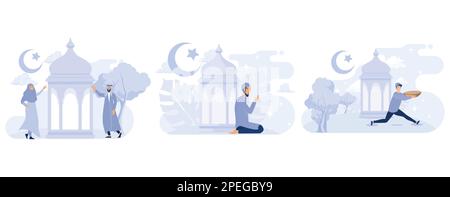happy ramadan mubarak greeting , Iftar Eating After Fasting feast party, ramadan kareem concept, set flat vector modern illustration Stock Vector