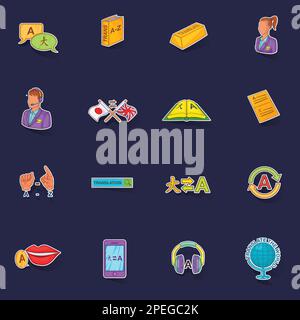 Translator icons set stikers collection vector with shadow on purple background Stock Vector