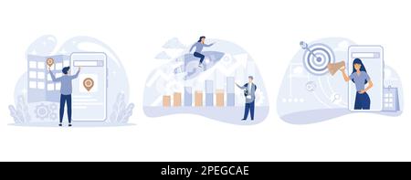 Search engine marketing concept, Local SEO, reputation management, mobile optimization, targeted web search, public relations, set flat vector modern Stock Vector