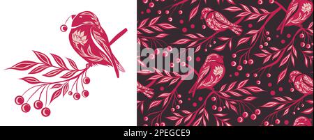Set of card and seamless decorative pattern with birds and rowan berries on branches. Collection of illustration and tracery texture with bullfinches Stock Vector