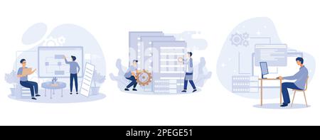 Database storage concept, Big data architecture developer, programming language, data science tools, software development, information visualization, Stock Vector