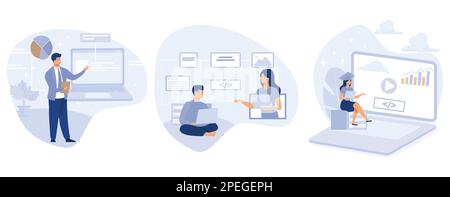 IT education concept, Information technology courses, web development tutorials, online IT training, frontend and backend certification, set flat vect Stock Vector