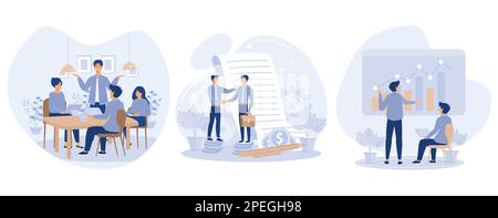 Venture funding, Diverse business people meeting in office, partners signing contract, making deal, economic analyst, set flat vector modern illustrat Stock Vector