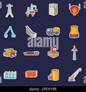 Idustry icons set stikers collection vector with shadow on purple background Stock Vector