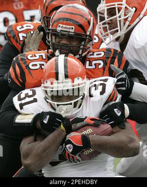 Cincinnati Bengals linebacker Brian Simmons. The Oakland Raiders defeated  the Bengals, 23-20, in an NFL football game at Network Associates Coliseum  in Oakland, Calif. on Sunday, Sept. 14, 2003. Photo via Credit: