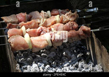 Summer holidays Fresh and juicy pieces of meat for shish kebab are fried on wood-fired grill. Grilled meat cooked on grill. Oriental dish, barbecue. A Stock Photo