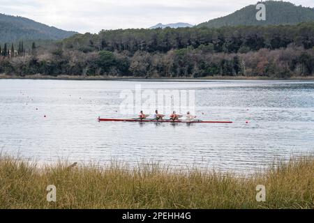 Lake Banyoles, rowing training, Banyoles, Catalonia, Spain Stock Photo