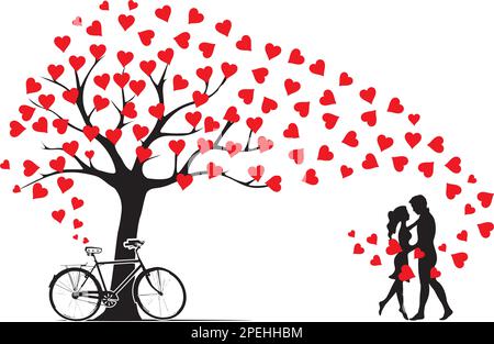 Couple silhouettes under love tree with hearts bowling and bicycle, vector. Romantic illustration isolated on white background. Stock Vector