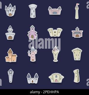 Castle tower icons set stikers collection vector with shadow on purple background Stock Vector