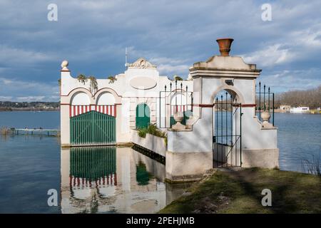 unique constructions called the fisheries on the east bank of Lake Banyoles. Construction began in 19th century. Banyoles, Catalonia, Spain Stock Photo