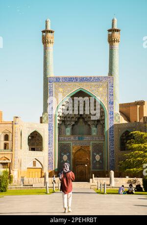 Isfahan, Iran - 15th may, 2022: Entrance into the Friday Mosque (Jame Mosque Of Isfahan) with garden foreground Stock Photo