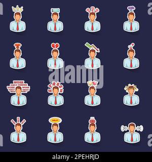 Stress icons set stikers collection vector with shadow on purple background Stock Vector