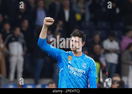 Madrid, Spain. 15th Mar, 2023. Madrid's Thibaut Courtois celebrates after the UEFA Champions League Round of 16 2nd Leg match between Real Madrid and Liverpool FC in Madrid, Spain, on March 15, 2023. Credit: Meng Dingbo/Xinhua/Alamy Live News Stock Photo