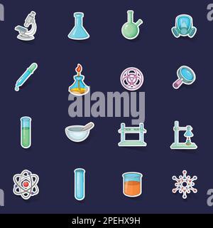 Chemical lab icons set stikers collection vector with shadow on purple background Stock Vector