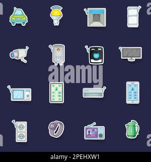 Smart home system icons set stikers collection vector with shadow on purple background Stock Vector