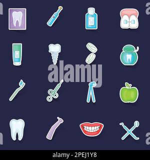 Dentist icons set stikers collection vector with shadow on purple background Stock Vector