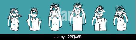 Stressed people set. Stress emotion of boy and girl, man and woman, grandfather and grandmother. Headache, mint and white. Sketched style vector illus Stock Vector