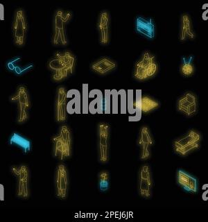 Nursing home icons set. Isometric set of nursing home vector icons neon color on black isolated Stock Vector