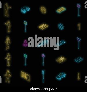Driving school icons set. Isometric set of driving school vector icons neon color on black isolated Stock Vector