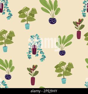 House plants seamless pattern. Trendy home decor with plants vector illustration. Flowers in pot, house interior design. Stock Vector