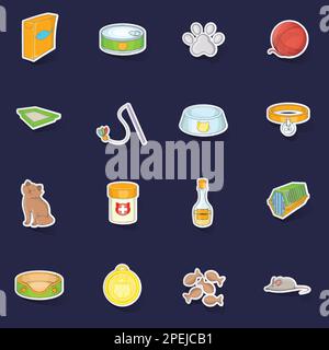 Cats accessories icons set stikers collection vector with shadow on purple background Stock Vector