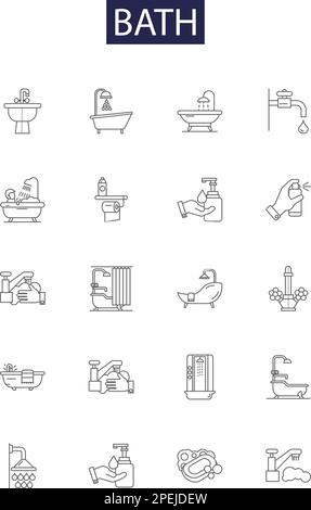 Bath line vector icons and signs. Tub, Shower, Mat, Towels, Room, Products, Sink, Faucet outline vector illustration set Stock Vector