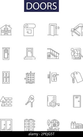 Doors line vector icons and signs. Entrance, Exit, Entry, Portal, Divide, Open, Close, Lock outline vector illustration set Stock Vector