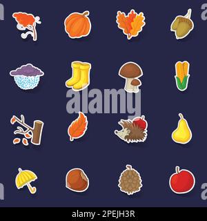 Autumn items icons set stikers collection vector with shadow on purple background Stock Vector