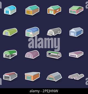 Different hangars icons set stikers collection vector with shadow on purple background Stock Vector