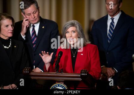 Washington, United States. 15th Mar, 2023. United States Senator Joni Ernst (Republican of Iowa) offers remarks during the Senate Republican's policy luncheon press conference, at the US Capitol in Washington, DC, USA, Wednesday, March 15, 2023. Photo by Rod Lamkey/CNP/ABACAPRESS.COM Credit: Abaca Press/Alamy Live News Stock Photo