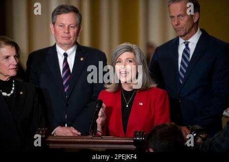 Washington, United States. 15th Mar, 2023. United States Senator Joni Ernst (Republican of Iowa) offers remarks during the Senate Republican's policy luncheon press conference, at the US Capitol in Washington, DC, USA, Wednesday, March 15, 2023. Photo by Rod Lamkey/CNP/ABACAPRESS.COM Credit: Abaca Press/Alamy Live News Stock Photo