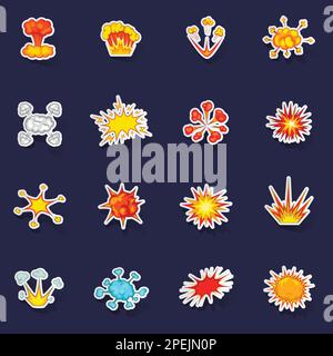 Explosion icons set stikers collection vector with shadow on purple background Stock Vector