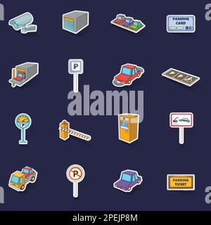 Parking items icons set stikers collection vector with shadow on purple background Stock Vector