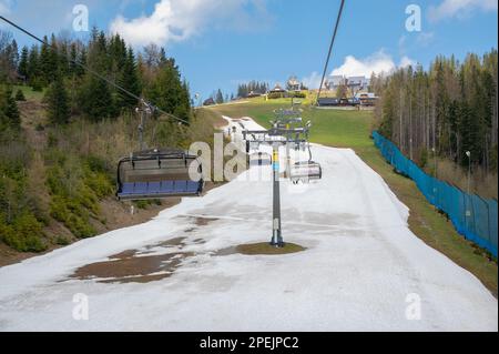 View of the Kasprowy Wierch chairlift from Kuźnice to the top of Kasprowy Wierch in the Tatra Mountains. Stock Photo