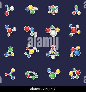 Molecule icons set stikers collection vector with shadow on purple background Stock Vector