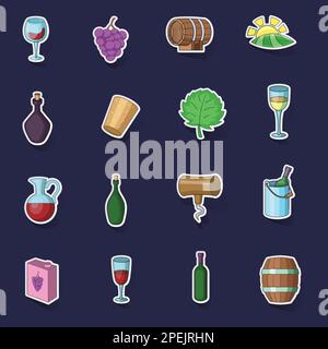 Wine yard icons set stikers collection vector with shadow on purple background Stock Vector