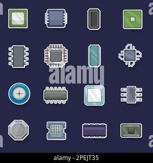 Computer chips icons set stikers collection vector with shadow on purple background Stock Vector
